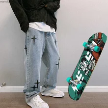 Pantalones vaqueros con bordado de estrella cruzada para mujer, Pantalón ancho de Hip Hop, pantalones de skateboard, Y2K, 2021