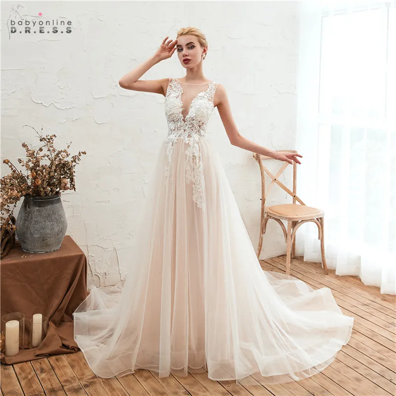 

Babyonlinedress Sexy Backless Lace Wedding Dress 2019 Ruched Backless Illusion Wedding Gowns With Appliques Robe De Mariee