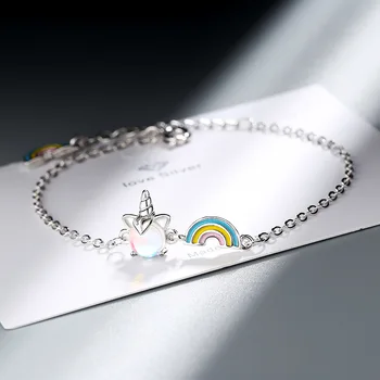 

925 Sterling Silver Opal Rainbow Unicorn Charm Bracelets & Bangle For Women Wedding Party Jewelry sl341