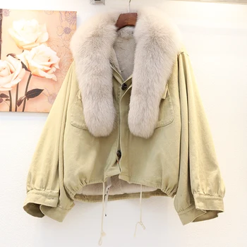 

Korean Loose Fake Lambswool Stitching Faux PU Leather Winter Women Short Coat Khaki Drawstring Waist Thick Cotton Parka Outwear