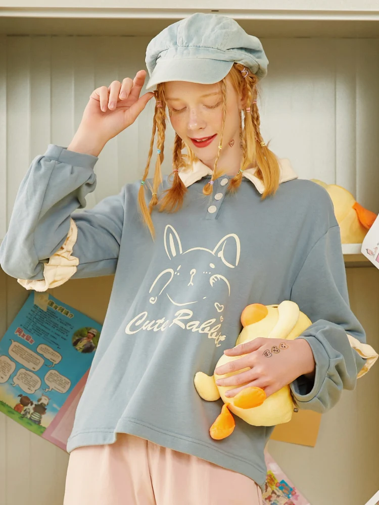 Merry Pretty Women's Cartoon Rabbit Print Cute Hoodies Sweatshirts Winter Warm Ruffles Patchwork Turndown Collar Pullover