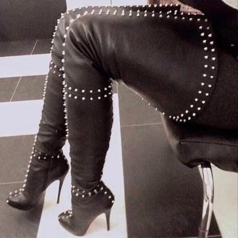 

New Women Over The Knee Boots Sexy Rivets Stiletto11.5cm High Heels Boots Round Toe Black Night Club Shoes Women US Size 5