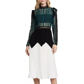 

Lace Patchwork Dress Female Hollow Out Stand Collar Tunic High Waist Midi Pleated Dresses 2020 Spring Fashion Elegant Chic Robe