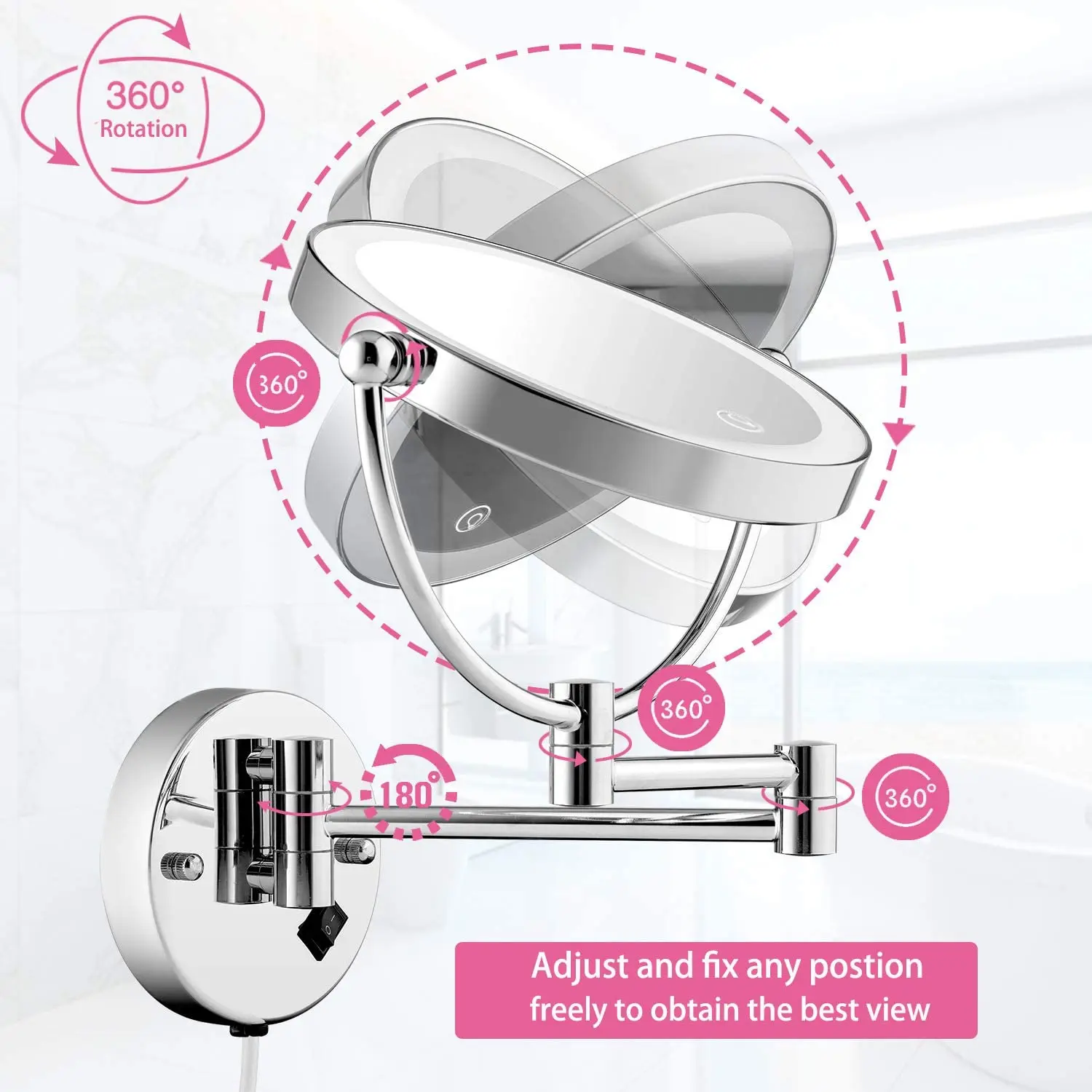 Wall Mount Makeup Vanity Mirror with LED Light 8'' Double Sided 5x Magnification Touch Button Stepless Adjustable Light
