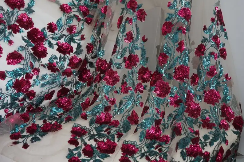 

1 Yard Pink/ Red / Blue / Ombre Rose Sequin Tulle fabric Long Branch Sparkle Sequin Floral lace For Prom, Evening Dress