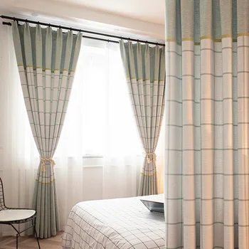 

Simple Combination of Cotton and Linen Grid Shading Curtains for Living Dining Room Bedroom Left and Right Biparting Open