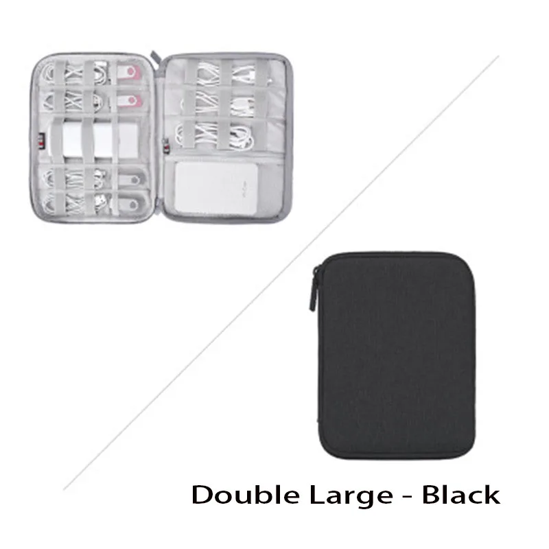 Double large black Цифровая сумка для наушников сумка USB кабель для передачи данных Органайзер Ручка power Bank Дорожный комплект чехол Аксессуары для электроники - Цвет: Double large black
