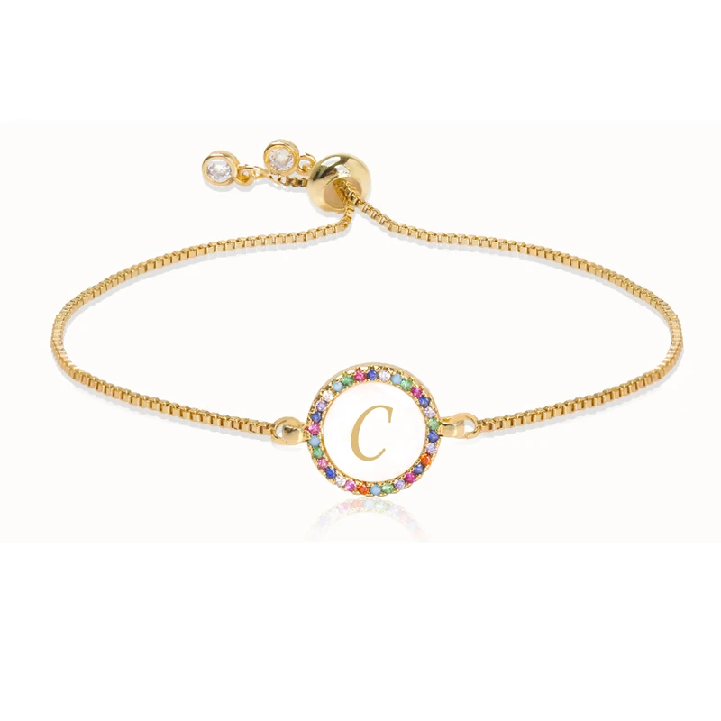 Bracelet Jewelry Adjustable Rainbow Zircon 26 Letter Bracelet for Women shell Cz initial Bracelet Femme Snake Chain Christmas gifts