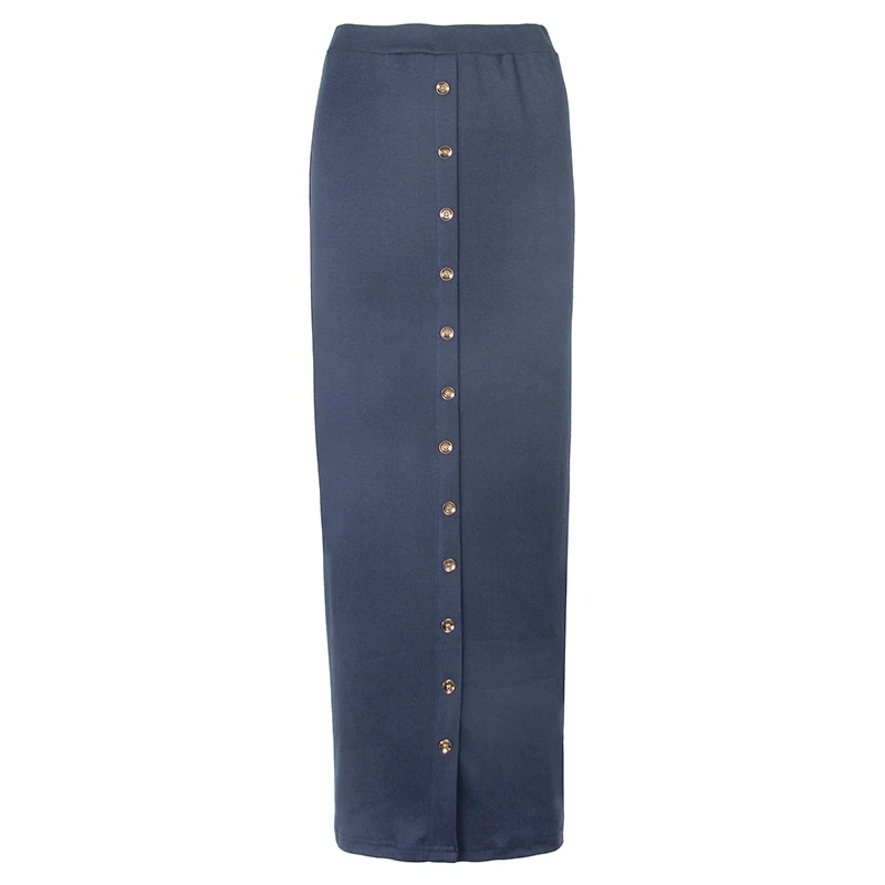 Navy Blue Осень-зима, юбки с завышенной талией, мусульманские пуговицы, облегающая длинная юбка-футляр, Женская Однотонная юбка-карандаш, уличная одежда GV799 - Color: Navy Blue