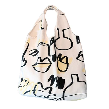 

Japanese Lazy Style Graffiti Line Canvas Shopping Bag Foldable Reusable Grocery Bag Shoulder Bag Casual Ladies Tote Bag