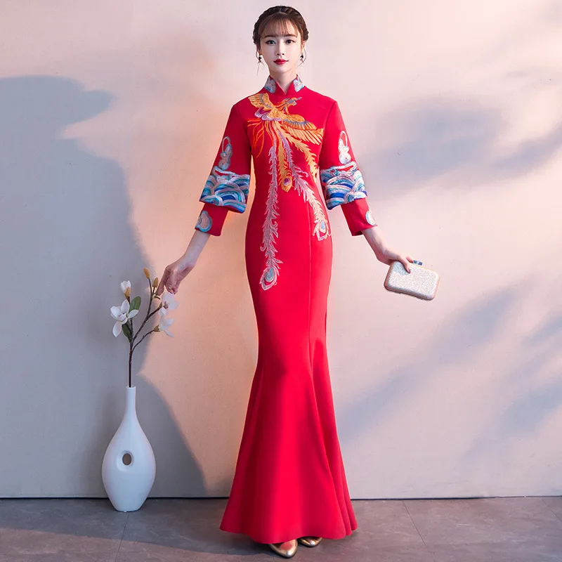 Феникс вышивка длинный Cheongsam красный современный Femme Тонкий Вечерние платья Qi Pao женское традиционное китайское свадебное платье Qipao - Цвет: Big red A Fishtail
