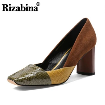 

RIZABINA Real Leather Square Heel Pumps Patchwork Office Ladies Slip On Retro Classics Basic Pumps Footwear Size 34-39