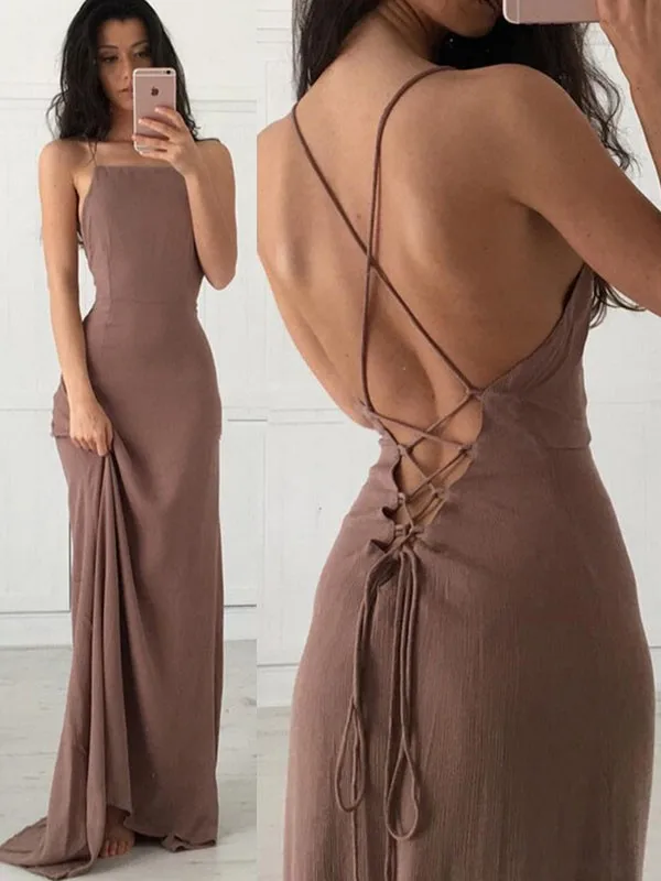 

Sheath/Column Sleeveless Straps Sweep/Brush Train Ruffles Chiffon Dresses