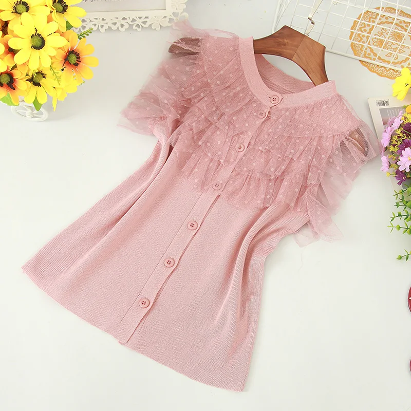 

Women O-Neck Cardigan Button Polka Dot Lace Basic Knitted Ruffles Shirts Vintage Short Elastic Slim Mesh Gauze Tulle Blouse Tops