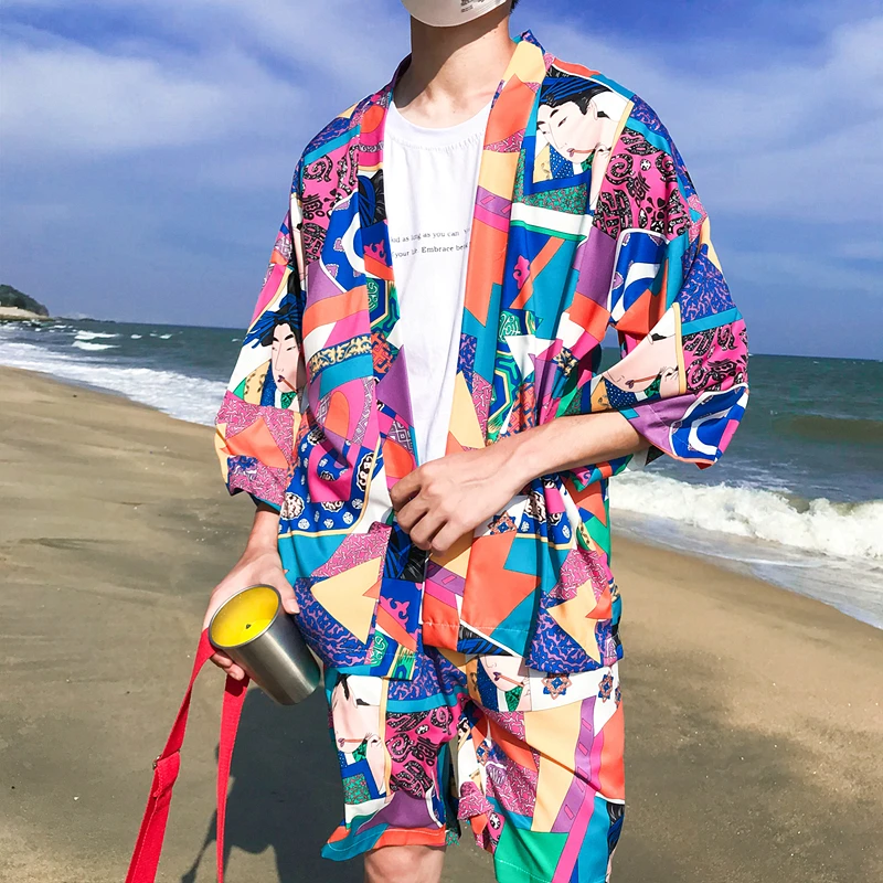 2 шт. унисекс японская одежда в стиле кимоно комплект мода Harajuku печати кардиган хаори шорты юката уличная летняя пляжная одежда - Цвет: Set12