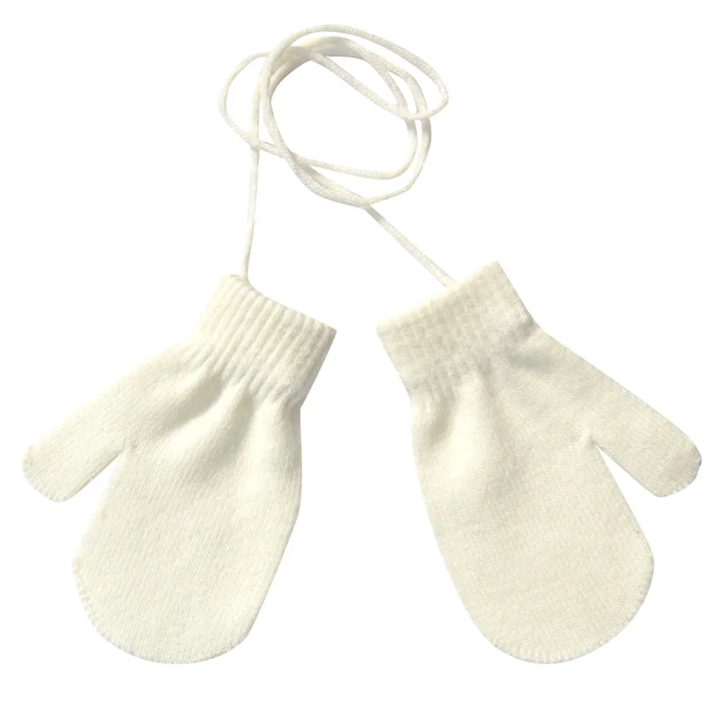Зимние перчатки с пальцами для мальчиков и девочек, теплые одноцветные вязаные милые перчатки с завязками, варежки