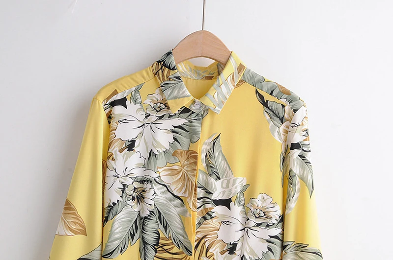 Women Stylish Elegant Floral Print Dresses Long Sleeve Sashes Bohemian Yellow Dress Turn Down Collar Office Ladies Shirt Dress