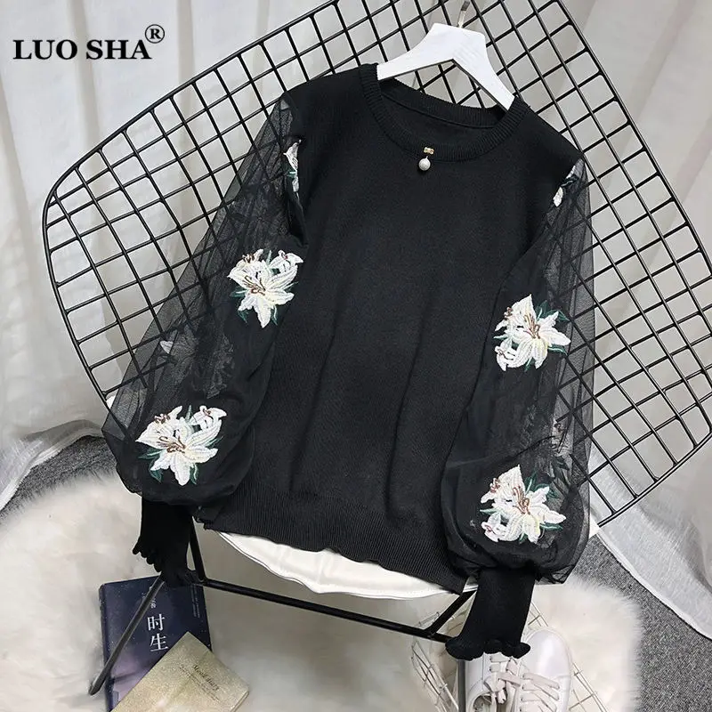 LUOSHA 2020 Women Autumn Winter Mesh Lantern Sleeve Embroidery Flower Pullover And Sweater Female Knitted Patchwork | Женская одежда