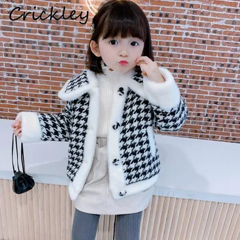 

Winter Fashion Girls Coat Houndstooth Pattern Woolen Jacket for Children Girls Big Lapel Soft Cotton Thick Warm Kids Girls Coat