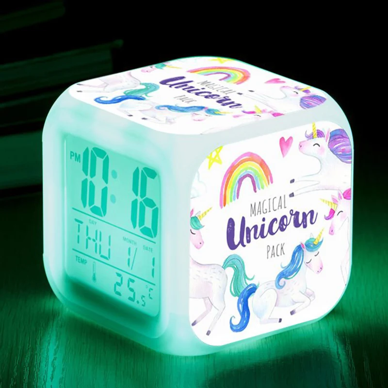 Cartoon Unicorn Alarm Clock Led Digital Alarm Clocks Child Kids Desk Clock 7 Color Changing Night Light Thermometer Gift K1019 B