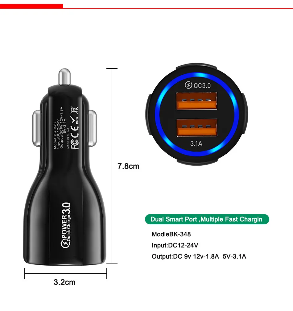 USLION 2 порта USB Автомобильное зарядное устройство Быстрая зарядка 3,0 зарядное устройство для мобильного телефона быстрое автомобильное зарядное устройство для iPhone XS XR 8 samsung S10 S9 зарядное устройство s