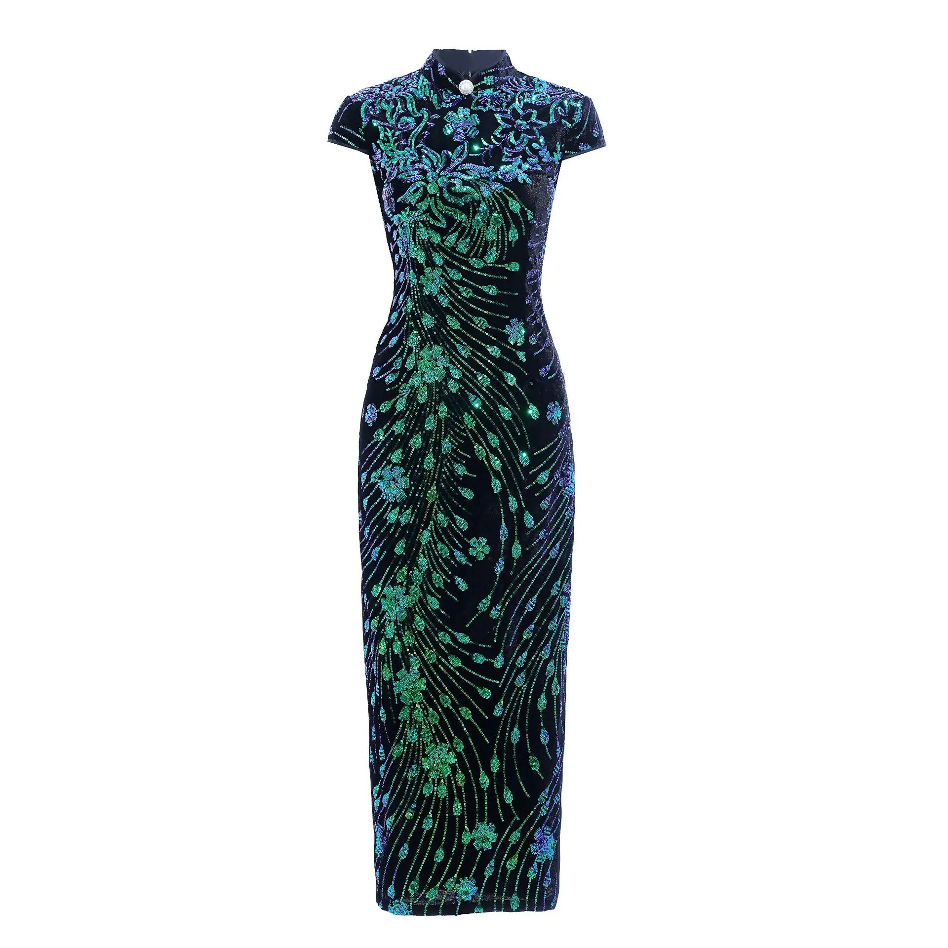 Chinese Dress Female Evening Dress Velvet Phoenix Tail Cheongsam Chinese Style Classic Qipao Vintage Button Dresses Gown Spring Banquet