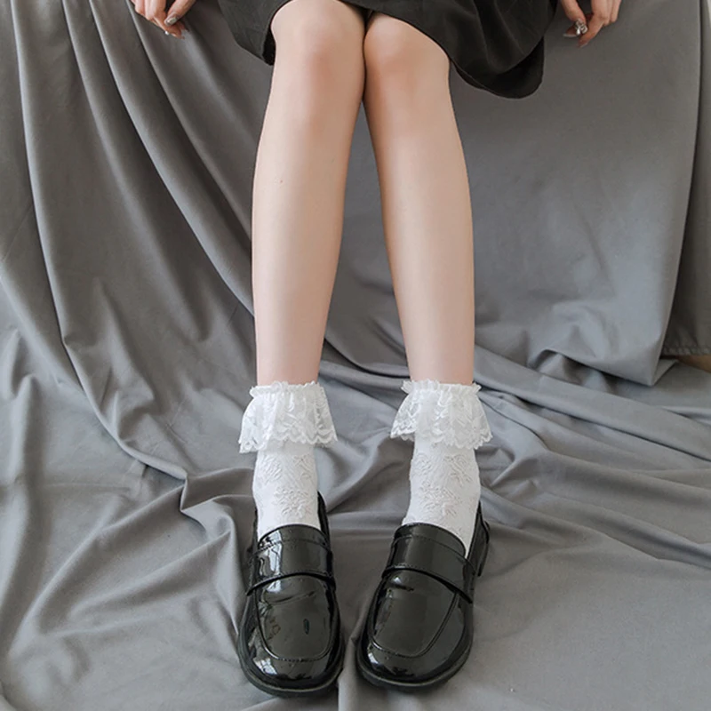 Lolita White Lace Socks Women Heart Bowknot Cotton Socks Femme Sweet JK Socks Ankle Dress Calcetine Medias