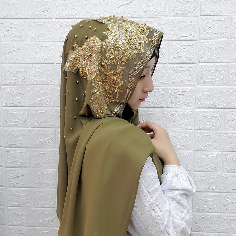 Army green wholesale price hijabs Muslim Islamic Scarf Scarves for Woman Long Underscarf Hijab Solid Color with Bead Prayer Turbante - Цвет: Army green