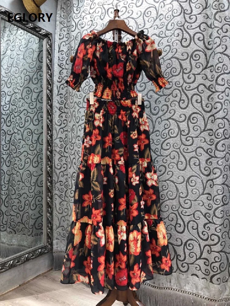 

Crop Tops Sets 2021 Spring Summer Fashion 2 Piece Set Women Red Floral Print Crop Tops+High Waist Long Maxi Skirt Sets Casual