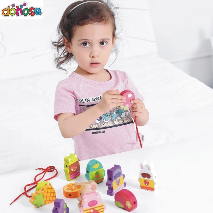 12pcs/SET Wooden Animal Fruit Block stringing beaded Toys For Children Learning & Education Colorful Products Kids Toy