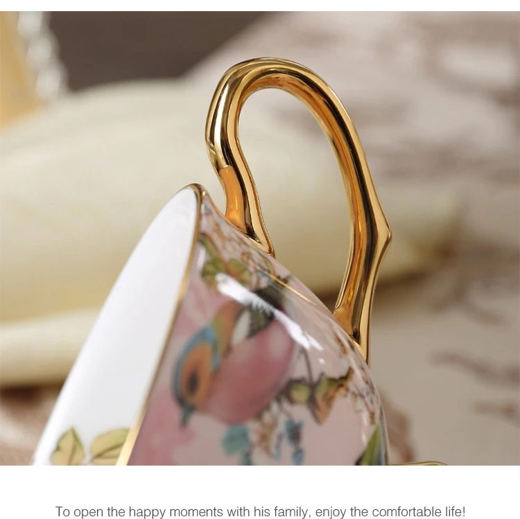 Description Picture 6 of itemWourmth European Bone China Coffee Cup Set Pink Bird Creative Ceramic Phnom Penh Afternoon Tea Cup & Saucer With Spoon Nice Gift