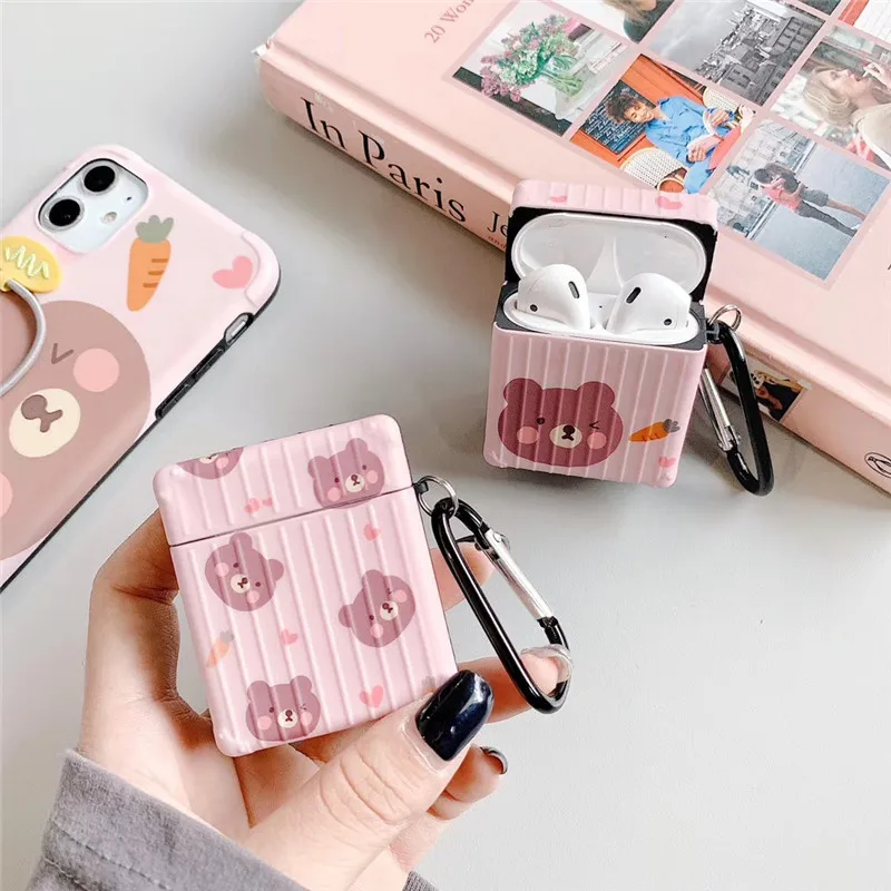 

For AirPods 2 Case IMD Matte Lovely Bear Pink Girl Suitcase Soft Earphone Cases For Apple Airpods Case Cover Funda + Ring