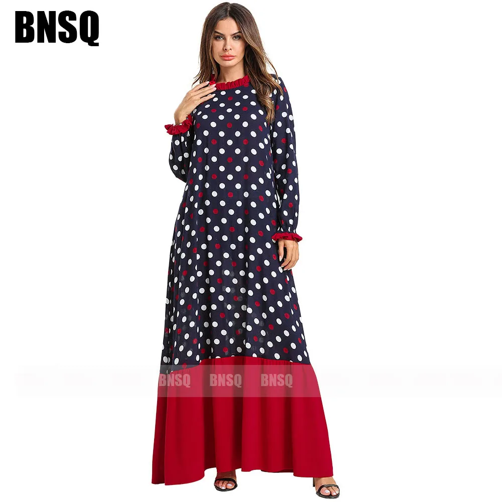BNSQ Черное длинное платье в горошек с оборками и круглым вырезом, со складками, повседневные женские Макси-платья abaya в арабском стиле