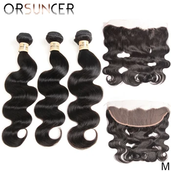 

ORSUNCER Brazilian 3 bundles with Lace Frontal 13x4 Lace Frontal Body Wave Hair Bundle 10"-26" Non-Remy Human Hair Medium Ratio