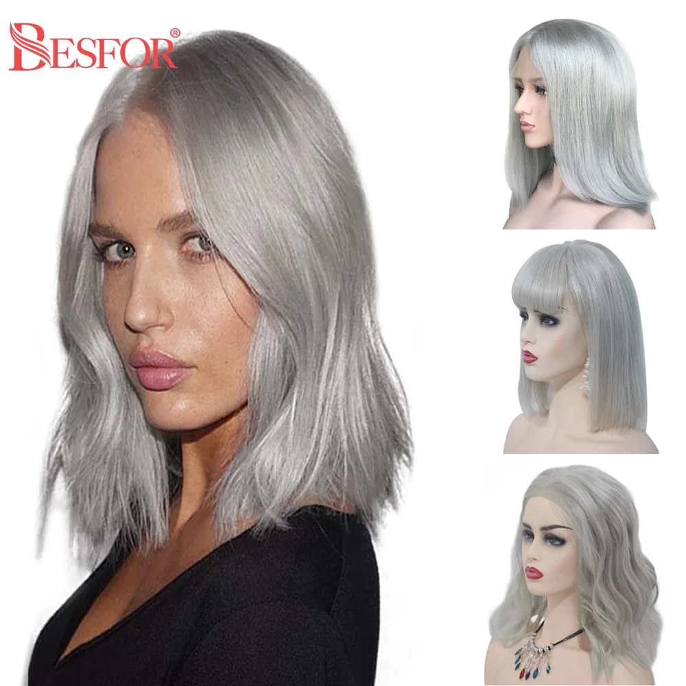 Hot Seller Human-Hair-Wigs Grey Lace-Front BESFOR Short Density Glueless Pre-Plucked 13x4 Gray  kblDMaqMM