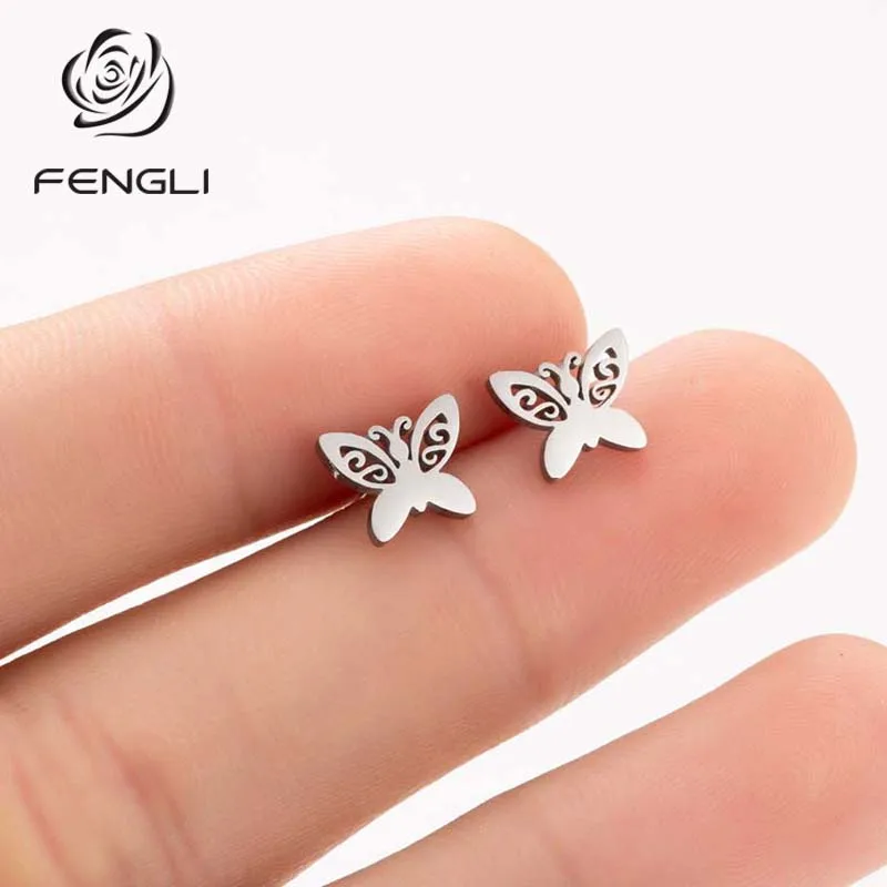 FENGLI Летний стиль Бабочка Серьги гвоздики для девочек вечерние подарок из нержавеющей стали красивые модные серьги, украшения