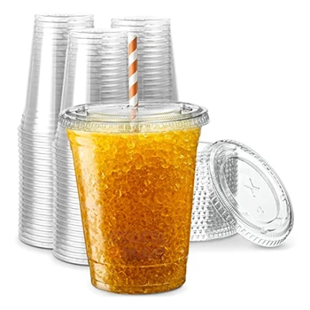 

Transparent Plastic Cup with Straw Slot Cover, PET Crystal Transparent Disposable Plastic Cup with Lid, 16 Oz