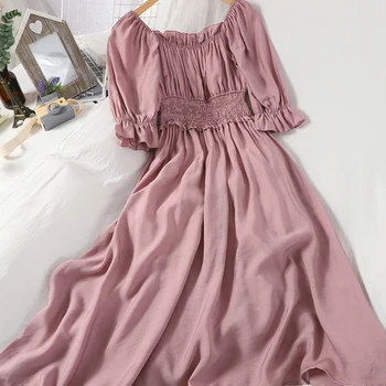 

HISUMA Women Summer Puff Sleeve Square Collar A-line Ruffles Chiffon Dress Elegant Lady Elastic Slim Pleated Pullover Midi Dress