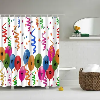 

Waterproof Thicken Polyester 3D White Shower Curtain Happy Birthday Mildew Proof Bath Tub Curtain with 12 pcs Hooks