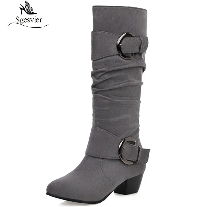 

Sgesvier 2020 big size 43 women knee high boots round toe flock zip buckle high heels shoes fashion Chelsea boots women