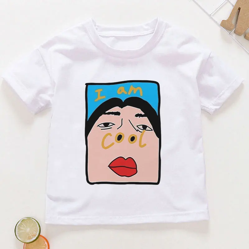 VOGUE/Новое поступление; футболки для мальчиков; корейский дизайн; Kawaii; Эстетическая одежда; футболки для девочек с принтом единорога и кролика; Забавная детская рубашка