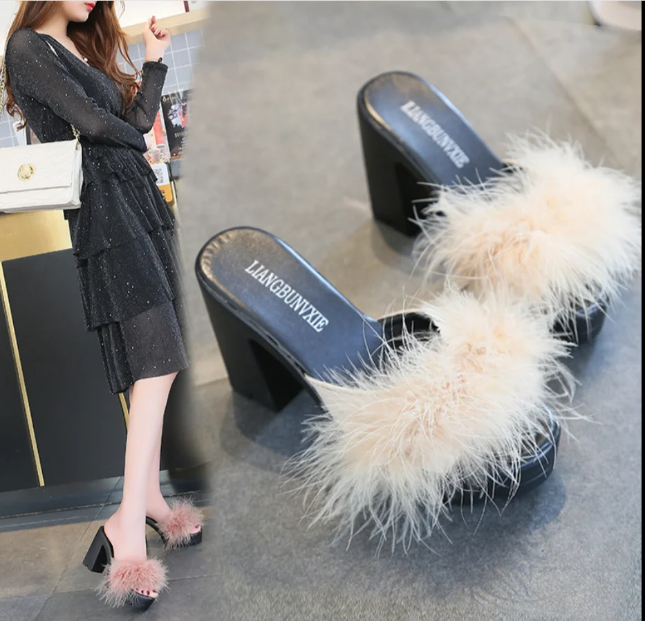 

2019 Spring Korean version of a hundred shoes wearing hairy Muller shoes net red bag head Chi word and a half slippers female