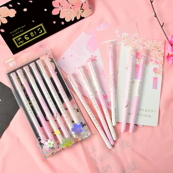 

6 Pcs/set Creative Cherry Blossoms Gel Pen 0.5mm Black Ink Pink Signing Writing Pens Student School Office Stationery Supply
