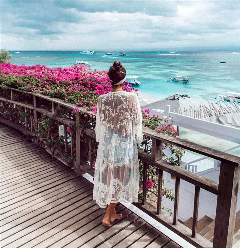 

Tunics for beach Long Lace Beach Dress Women Swim Cover up Plus size Saida de Praia Robe de Plage Kaftan Beach Cover up