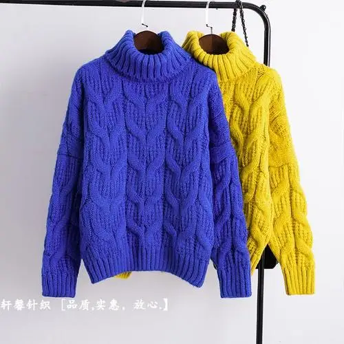 Белый свитер с высоким воротом, женский толстый короткий синий желтый негабаритный женский свитер, модная теплая одежда на осень и зиму - Цвет: Dark blue