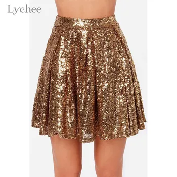 

Lychee Harajuku Solid Color Golden Sequin Women Skirt Party Loose Shinny Mini Female Skirt High Waist Summer Lady Skirts Bottoms