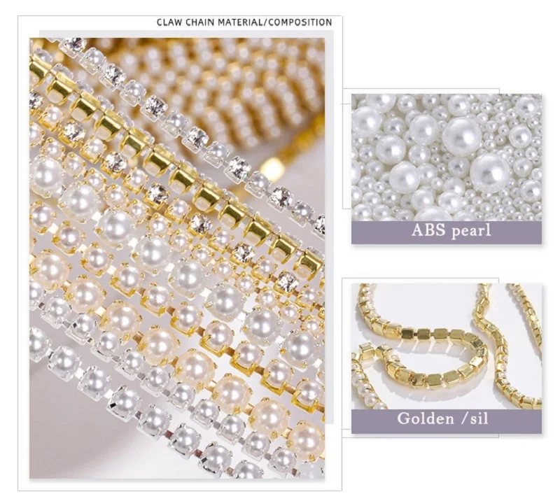 1 Yard High Quality ABS Pearl Cup Chain For Sewing Gold Silver Bottom Glue on Flat Pearls for Crafts DIY Rhinestones Crystals