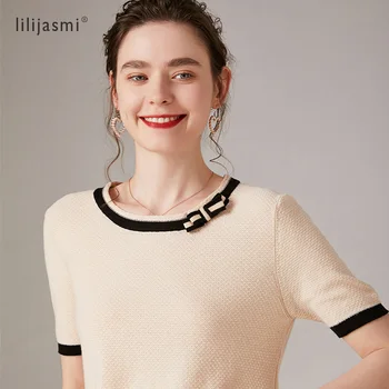 

2020 Women's O-neck Bowknot 100% Cotton Knitted T-shirt Summer Pure Cotton Contrast Color Tshirt Short Sleeve Pullover Comfy