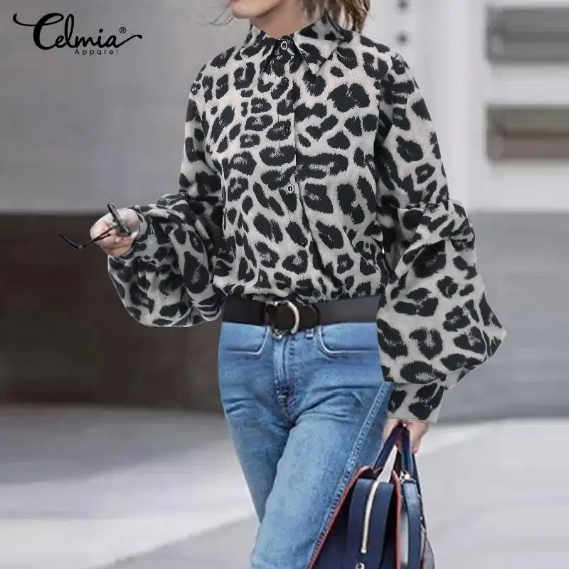 Ceny Moda z najwyższej półki Celmia 2019 kobiet jesień koszula z rękawami typu lampion Sexy wzór w cętki bluzki S 5XL kobiece guziki Casual Loose Blusas 7
