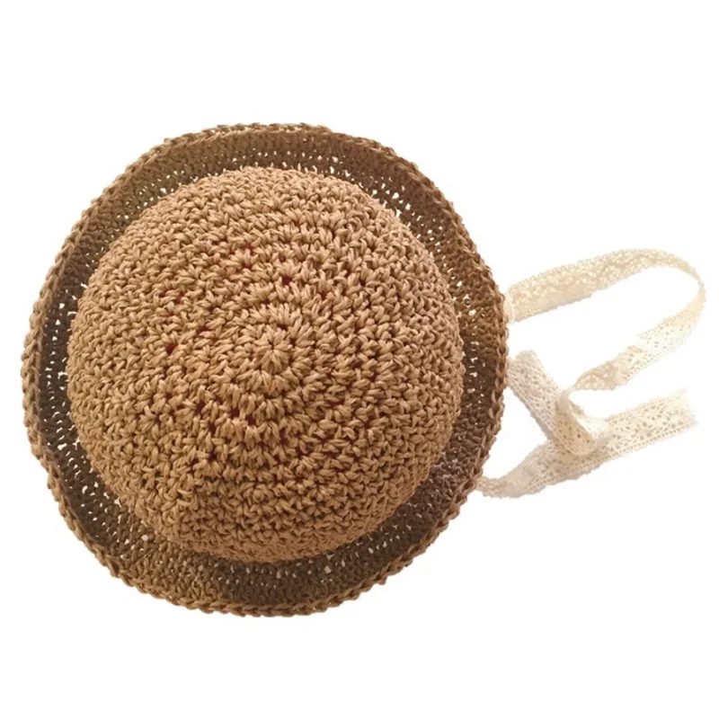 

Handmade Summer Baby Straw Hat Girls Lace Windproof Cord Beach Sun Hat Wide Brim Cute Floppy Hat Khaki
